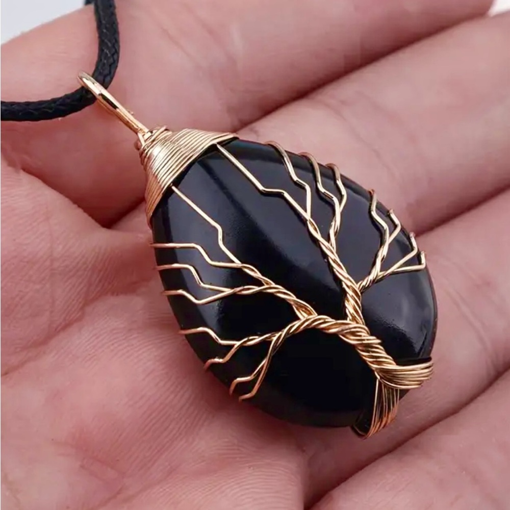 1 Elegant Handcrafted Copper Wire Tree of Life Pendant Necklace Natural Stone